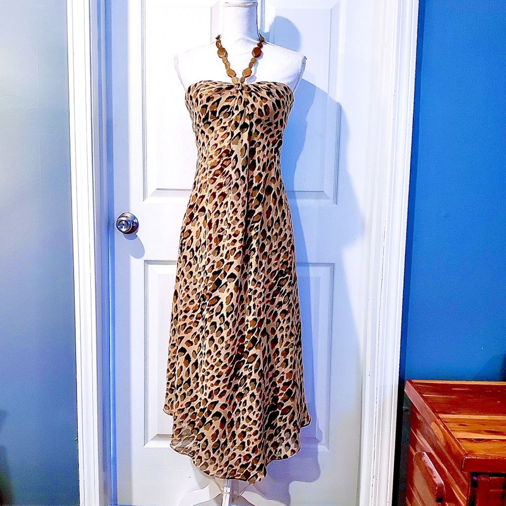 ADRIANNA PAPELL Animal Print Beaded Halter Dress